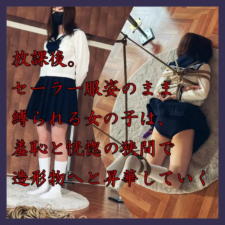 【女子生徒を使った造形物が完成するまで】

放課後の美術室。
女子生徒はセーラー服姿のまま、ゆっくりと "作品" へと変えられていく。
麻縄が、まず手首を、続いて腕を、そして胸を丁寧に這っていく。セーラー服越し、カラダの曲線を強調するように。
上半身の次は脚。うつ伏せにさせてから、清楚な白ソックスの脚にも縄を這わせ、足首吊り上げ。最後は飾り縄。

" 女子生徒の造形物作品 "　麻縄が、女性のカラダとココロを変化させていく様。
造られた体位、羞恥心で恍惚と...

・動画時間22分47秒 (1/2)
