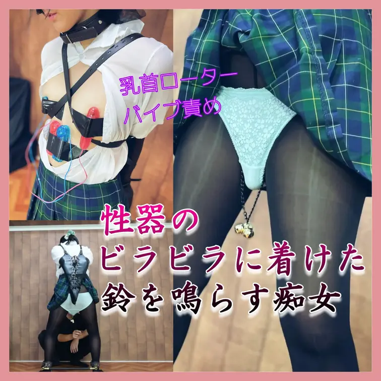 【ビラビラに着けた鈴を鳴らす痴女】

女性器のビラビラ、大陰唇に取り付けた鈴付きのクリップ。

立ち姿、後ろ手にアームバインダーと、閉じられない足枷を装着した女の子。
胸元は開かれ、両乳首にローターのテープ貼り。
ショーツ下の、穴あきストッキングから露出した性器。その中には大型バイブを挿入。
そして、バイブを取り囲む大陰唇には、鈴付きのクリップを取り付け。

痛みと快楽。
身体が反応し、自ら鳴らす鈴の音。
また、他人によって鳴らされる鈴の音。
淫らな音を部屋中に響かせる痴女の姿。

(動画時間：24分05秒)