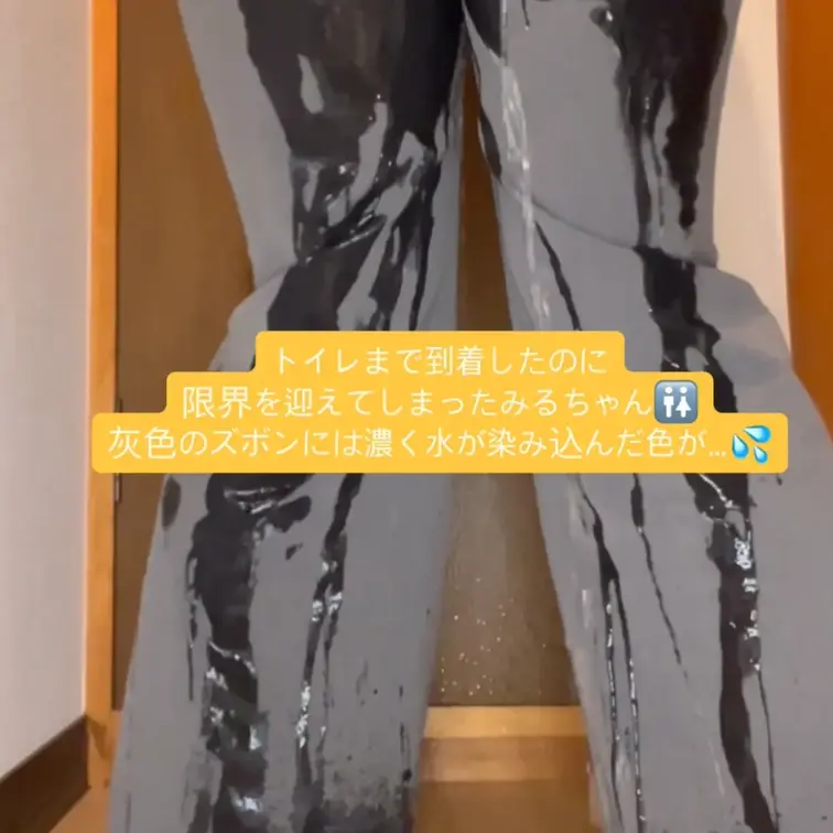 トイレの目の前まで着いたのに限界が来てしまったみるちゃん…
灰色のズボンがどんどん濃い色に染まって床には豪雨の時のよう
