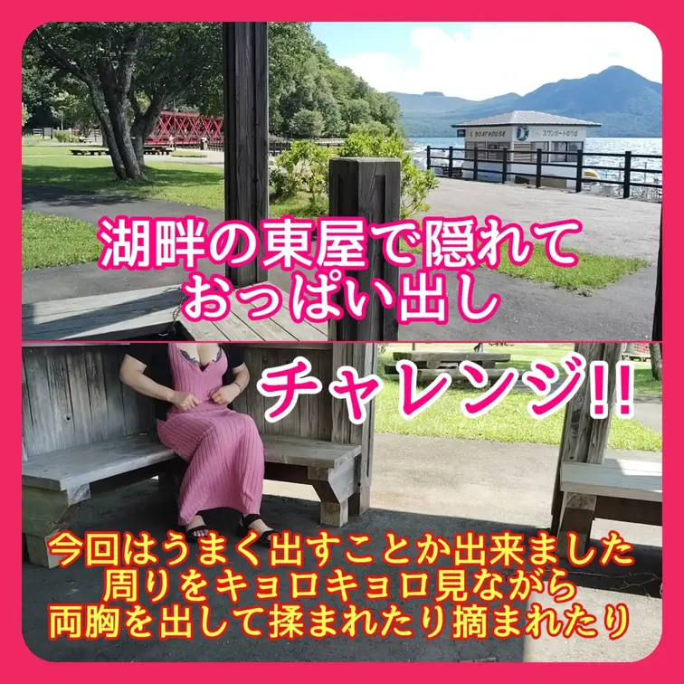 ♥️露出♥️湖畔の東屋で隠れて
おっぱい出しチャレンジ

今回はうまく出すことか出来ました
周りをキョロキョロ見