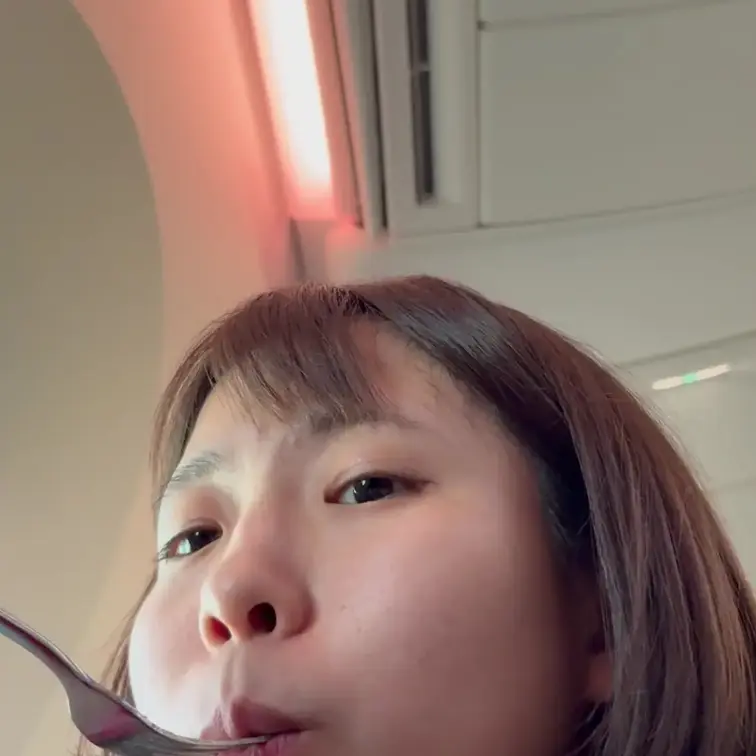 台湾旅行の機内。
ちょっと豪華な機内食を食べます！
英語を話しているレアシーンもあります😂