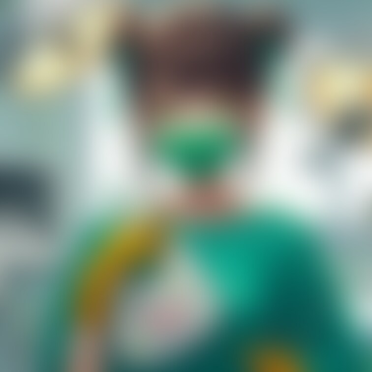 緑の手術ガウンを着た歯科女医