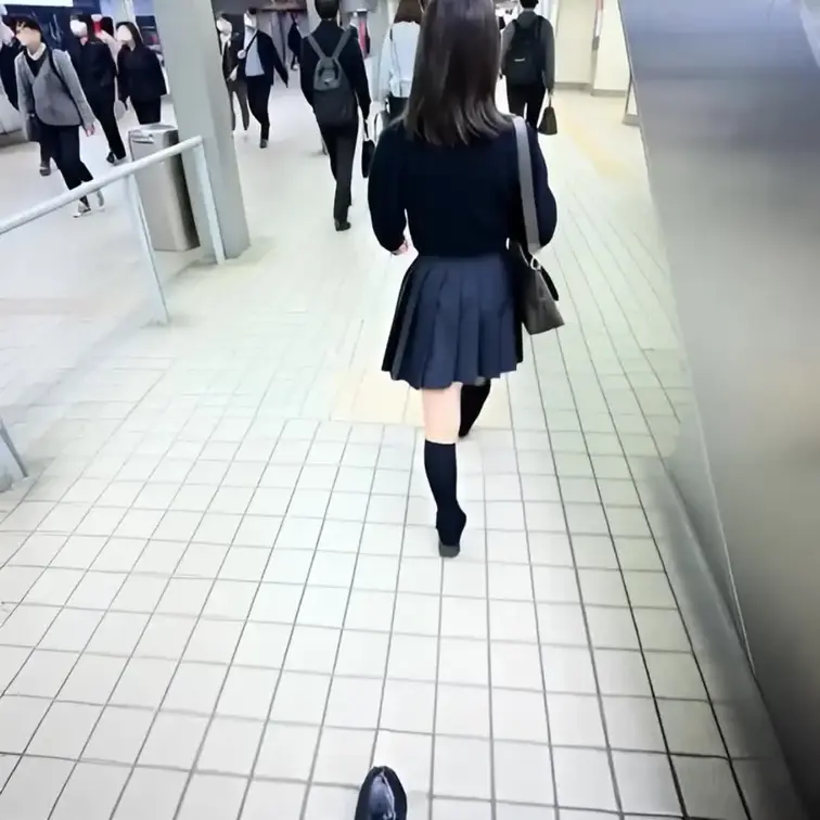 盗撮めくり動画
今回のターゲットはOLっぽい女性です。
エスカレーターの手前で最後尾を歩いていたので狙います。
め