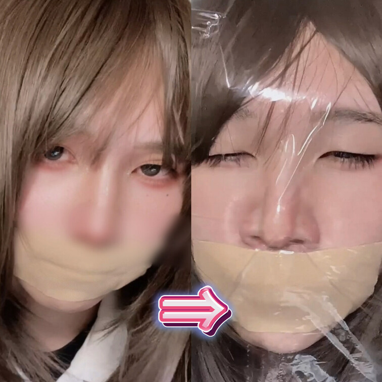 口にテープを張りつけ、袋を被って呼吸制御。
ペチャンコになる顔の変化を是非見てください🥰