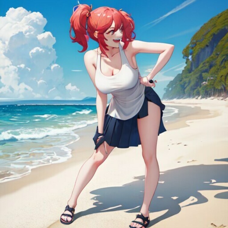 海辺にて水着の彼女と