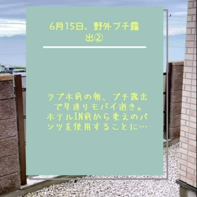 6月15日、野外プチ露出②です
ホテルIN前から逝き落ちして下着を汚してしまいましたね。

コメント、リクエスト、