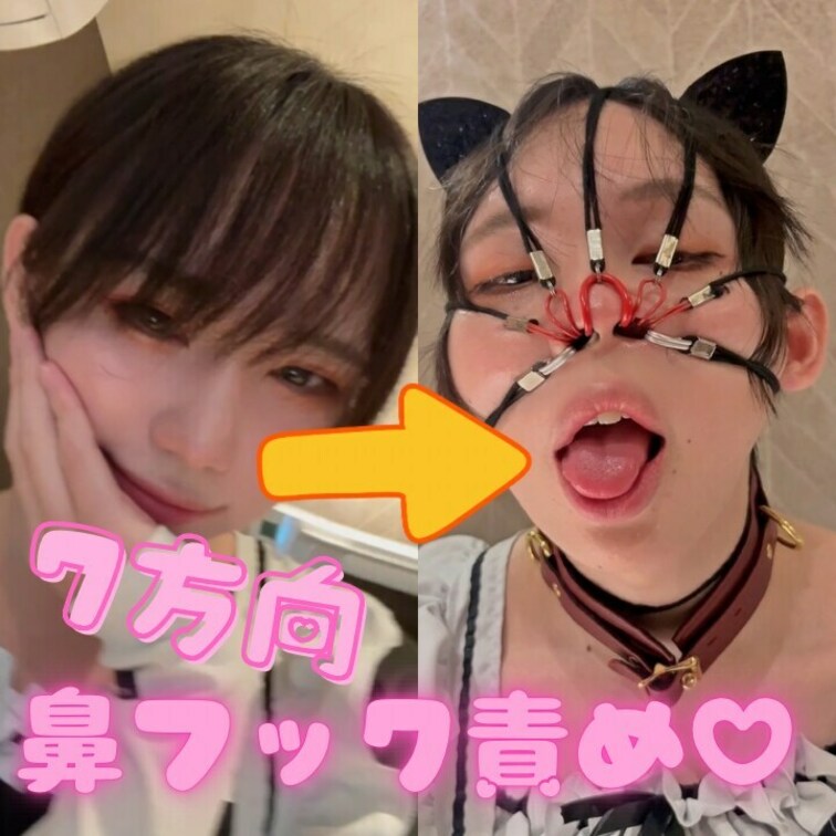 鼻の穴に何個も鼻フックを装着され、鼻腔を拡張されています。元の顔の原型がなくなっています。