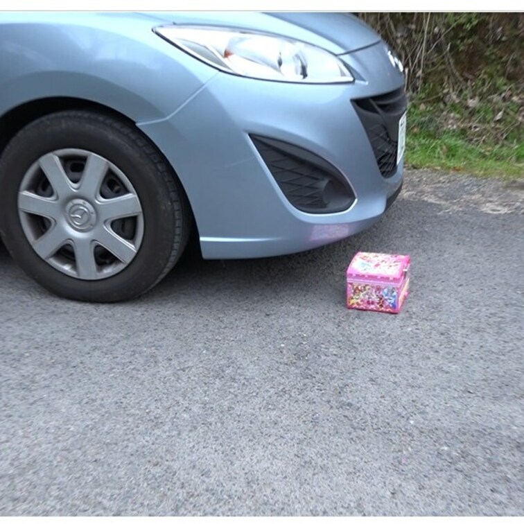 車で可愛いおもちゃを踏んで壊す