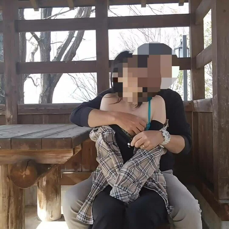 悪友と妻が桜を見に公園に行き展望台でえっちな事しようとしても周りに沢山人がいたようで少し離れた東屋でイチャイチャしていて