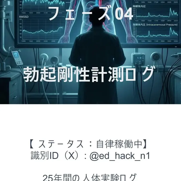 【フェーズ04:勃起剛性計測】
今回のフェーズ04では、「血管巡り最適化」によるメンズヘルス面の成果を可視化するため、外部リソースを介在させない完全自律稼働状態での「勃起剛性(重量上げ維持時間)」をテーマに、冷徹な定量計測を実施しました。
【実験プロトコル概要】
目的: デイリータダラフィル終了から3カ月が経過した46歳時点の個体において、生体インフラの自律稼働のみでどれほどの要求出力を完遂できるかを定量的に記録。今後の成長率(ROI)を測定するための基準値(ベンチマーク)を取得することを目的としています。
【観測データ】
インターバル: 前回射精(リセット)から16時間の連続蓄積 計測方法:
幅広の平紐(1.5〜2.5cm)および500mlペットボトル(水)を用いた重力抵抗法による水平維持秒数の測定
計測環境: 室温25℃(平常時を維持)、床に対して垂直に立つ「立位」を厳守
【本編動画の見どころ】
重力負荷(ペットボトル重量)に対して、血管OSの出力がどのように撥ね返し、維持しているかの物理的応答を記録。 実験の全工程(開始から計測まで)をノーカットで収録し、計測プロセスの透明性と再現性を確保しています。 プラットフォームの規約遵守およびプライバシー保護のため、特定の部位については編集にて厳格なモザイク処理(視認不可)を行っております。
今回はあくまで参考値としてのデプロイとなります。 今回のデータは、今後の長期的な生体インフラ監査における極めて重要なベースラインとして活用予定です。
※本計測は筆者によるN=1の検証記録であり、第三者への計測の推奨、あるいは安全や効果を保証するものではありません(無理な負荷はケガやダメージの恐れがあります)。純粋な身体機能のモニタリングログとしてご覧ください。 (1/2)