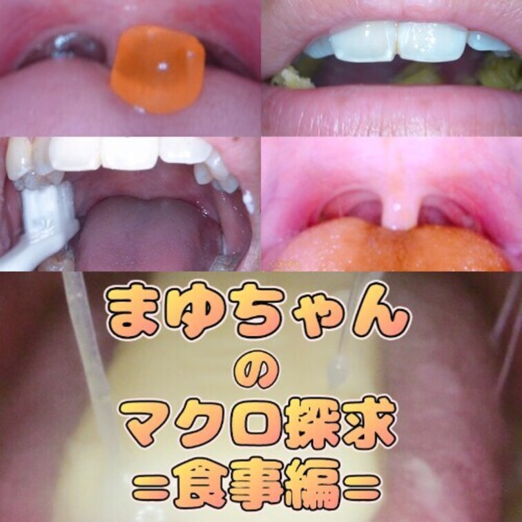 まゆちゃんのマクロ探究=食事編=

まゆちゃんの食事～歯磨き～唾垂らしまでを接写いたしました！
お菓子が溶けていく様子・咀嚼されていく様子…
ドロドロになったおくちの中…お楽しみください。

00:50～　①食べ観察（ホワイトチョコ）
04:10～　②食べ観察（グミ呑み）
06:00～　③食べ観察咀嚼（グミ）
08:55～　④食べ観察咀嚼（じゃがりこ）
12:25～　⑤食べ観察咀嚼（青・トッポ）
12:25～　⑤食べ観察咀嚼（青・トッポ）
15:30～　➅息吐きかけ
16:35～　⑦歯磨き観察
19:40～　⑧唾洗浄（唾垂らしスロー）
28:40～　⑨EXスロー撮影（ホワイトチョコ）
41:00～　⑩EXスロー撮影（チョコ）

全⑩シーン収録！ (1/2)