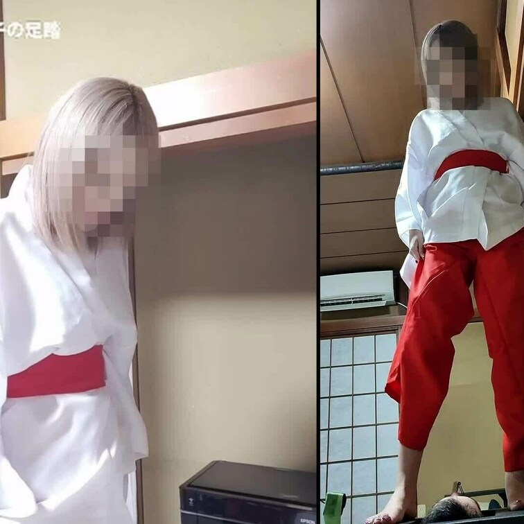 【サンプル動画】同人モデルの「のん様」が巫女の衣装を着て、マゾの住職を素足で踏んで踏んでアルバイトのストレスを発散する動